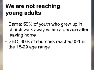 We are not reaching
young adults
• Barna: 59% of youth who grew up in
church walk away within a decade after
leaving home
• SBC: 80% of churches reached 0-1 in
the 18-29 age range
 