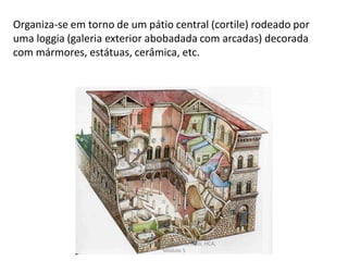Organiza-se em torno de um pátio central (cortile) rodeado por
uma loggia (galeria exterior abobadada com arcadas) decorada
com mármores, estátuas, cerâmica, etc.
Curso Profissional de Turismo, HCA,
Módulo 5
 