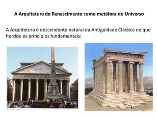 A Arquitetura do Renascimento como metáfora do Universo
A Arquitetura é descendente natural da Antiguidade Clássica de que
herdou os princípios fundamentais:
 
