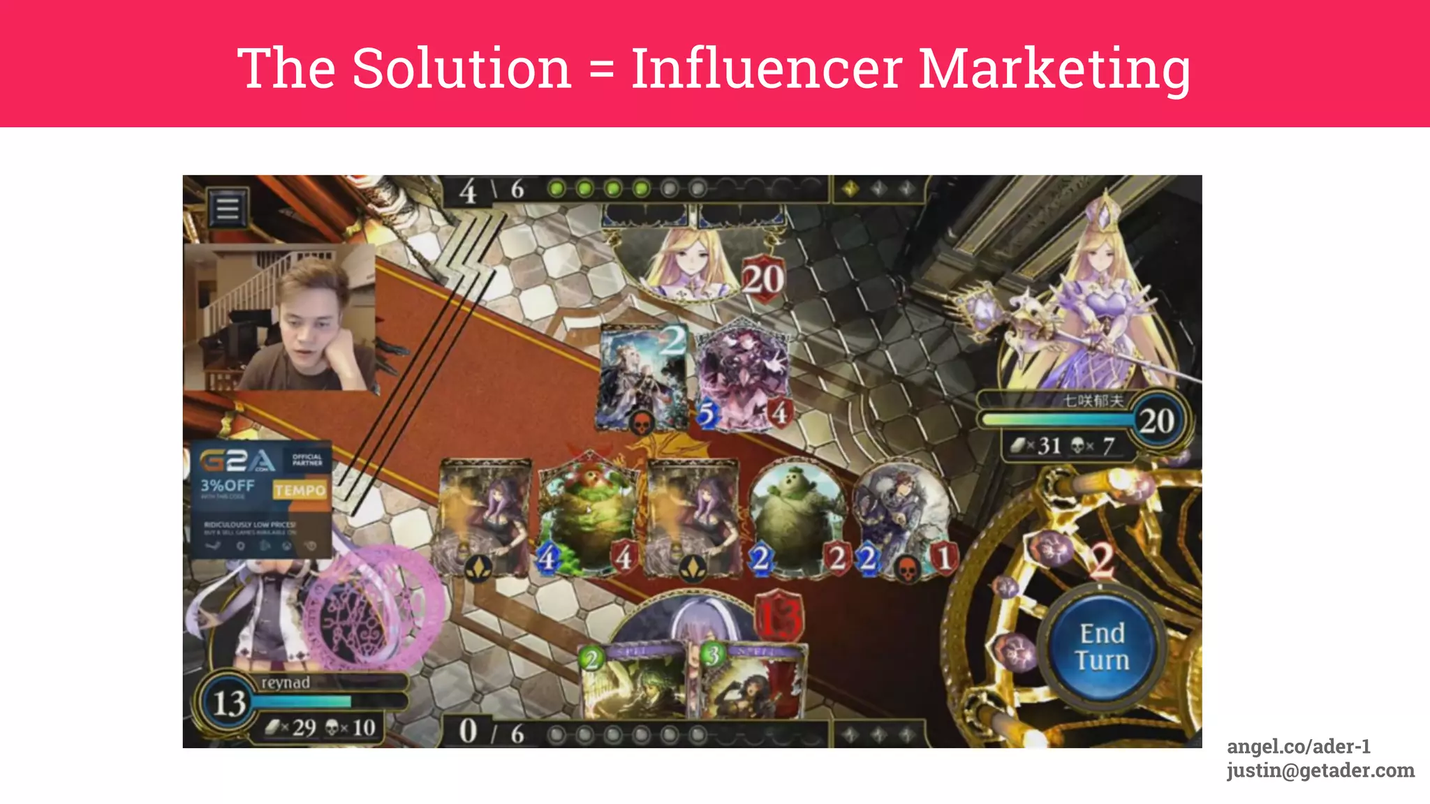The Solution = Influencer Marketing
angel.co/ader-1
justin@getader.com
 