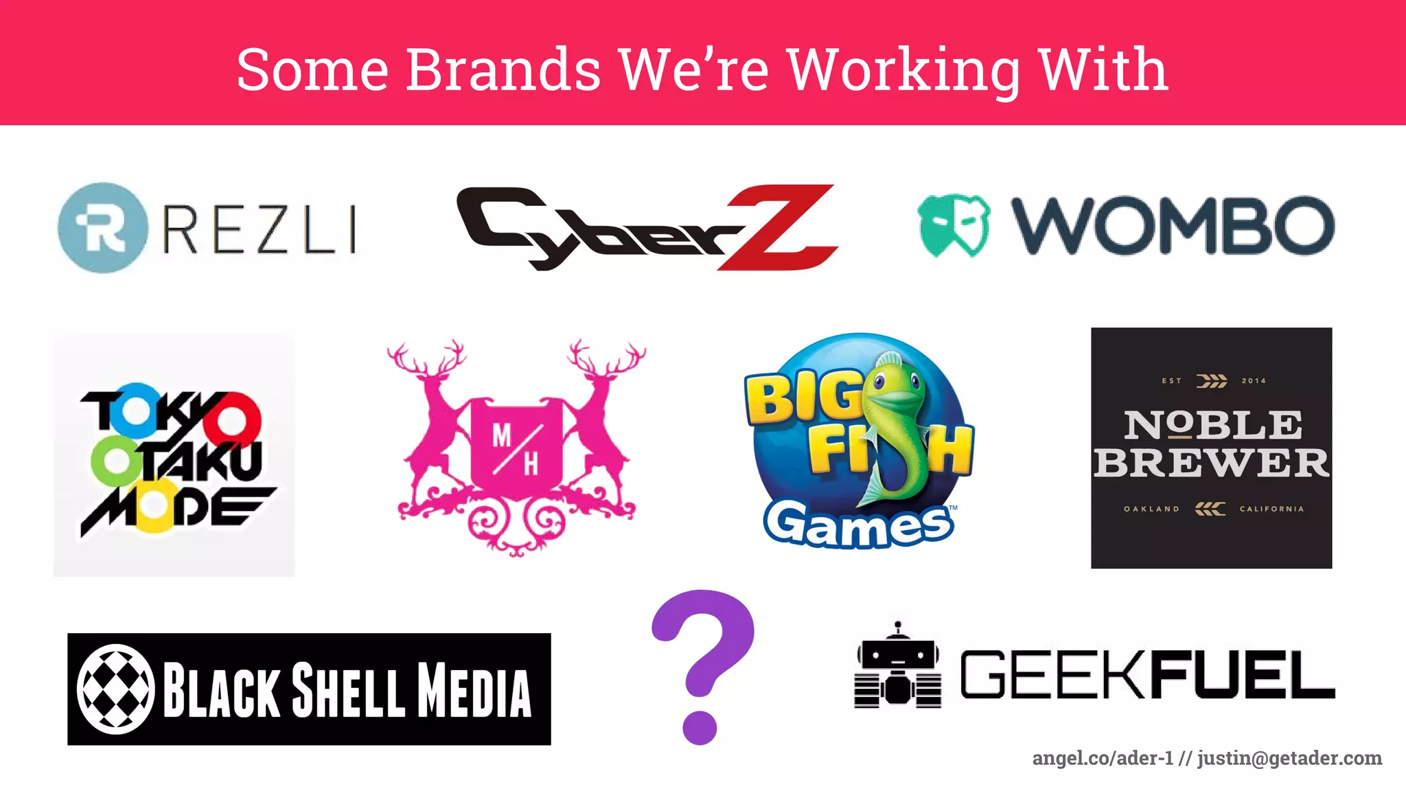Some Brands We’re Working With
angel.co/ader-1 // justin@getader.com
 