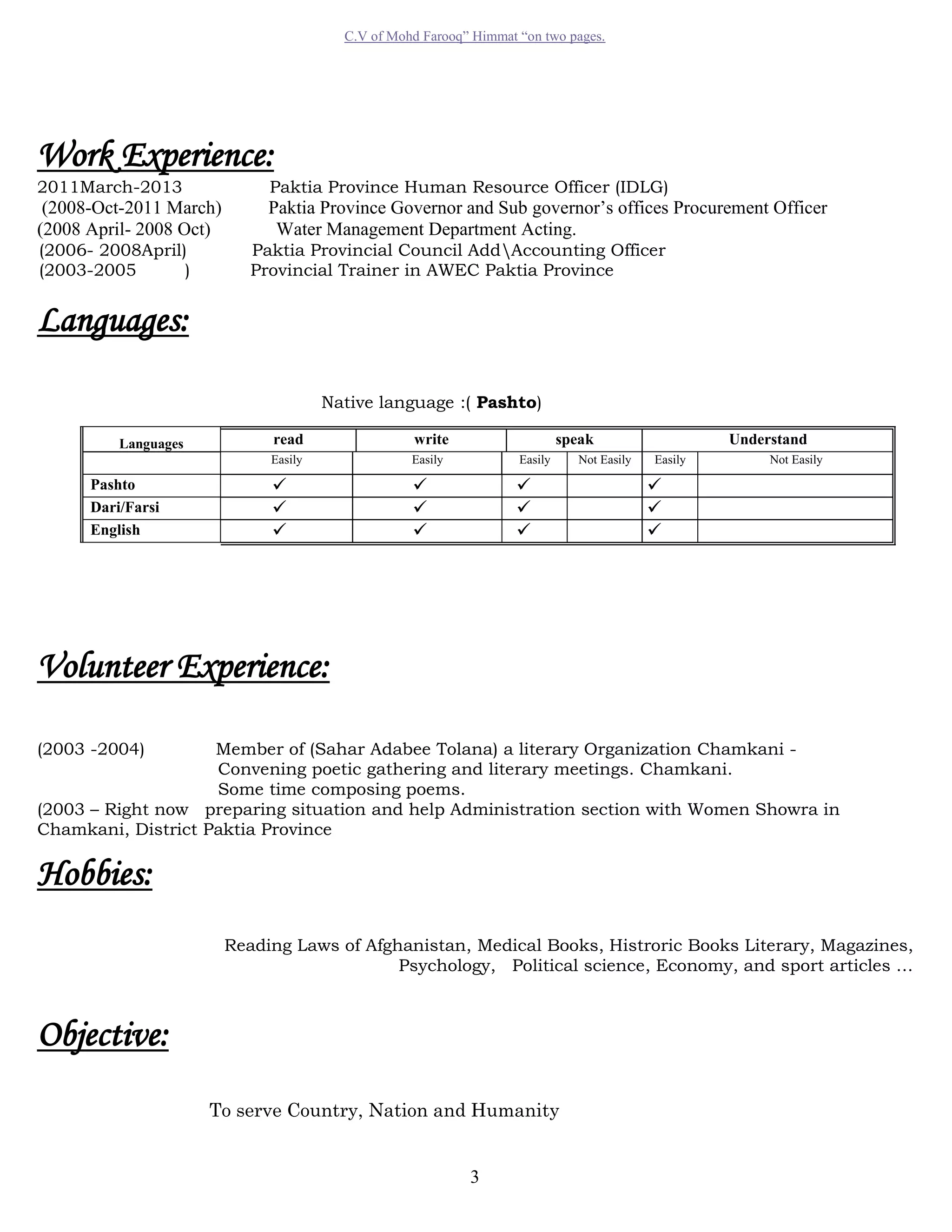 C.V of Mohd Farooq” Himmat “on two pages. 
Work Experience: 
2011March-2013 Paktia Province Human Resource Officer (IDLG) 
(2008-Oct-2011 March) Paktia Province Governor and Sub governor’s offices Procurement Officer 
(2008 April- 2008 Oct) Water Management Department Acting. 
(2006- 2008April) Paktia Provincial Council AddAccounting Officer 
(2003-2005 ) Provincial Trainer in AWEC Paktia Province 
Languages: 
Native language :( Pashto) 
read write speak Understand 
3 
Languages 
Easily Easily Easily Not Easily Easily Not Easily 
Pashto     
Dari/Farsi     
English     
Volunteer Experience: 
(2003 -2004) Member of (Sahar Adabee Tolana) a literary Organization Chamkani - 
Convening poetic gathering and literary meetings. Chamkani. 
Some time composing poems. 
(2003 – Right now preparing situation and help Administration section with Women Showra in 
Chamkani, District Paktia Province 
Hobbies: 
Reading Laws of Afghanistan, Medical Books, Histroric Books Literary, Magazines, 
Psychology, Political science, Economy, and sport articles … 
Objective: 
To serve Country, Nation and Humanity 
 