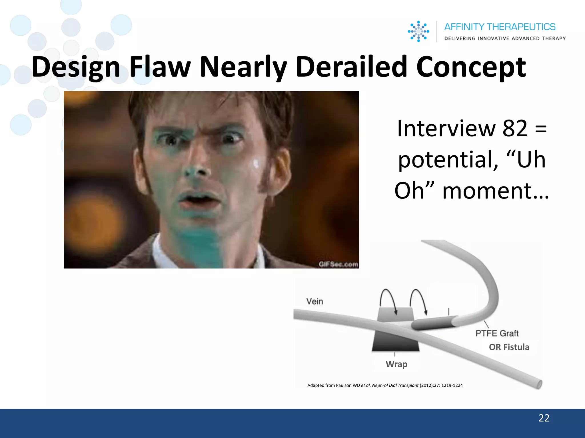 Design Flaw Nearly Derailed Concept 
22 
Wrap 
Adapted from Paulson WD et al. Nephrol Dial Transplant (2012);27: 1219-1224 
OR Fistula 
Interview 82 = 
potential, “Uh 
Oh” moment… 
 