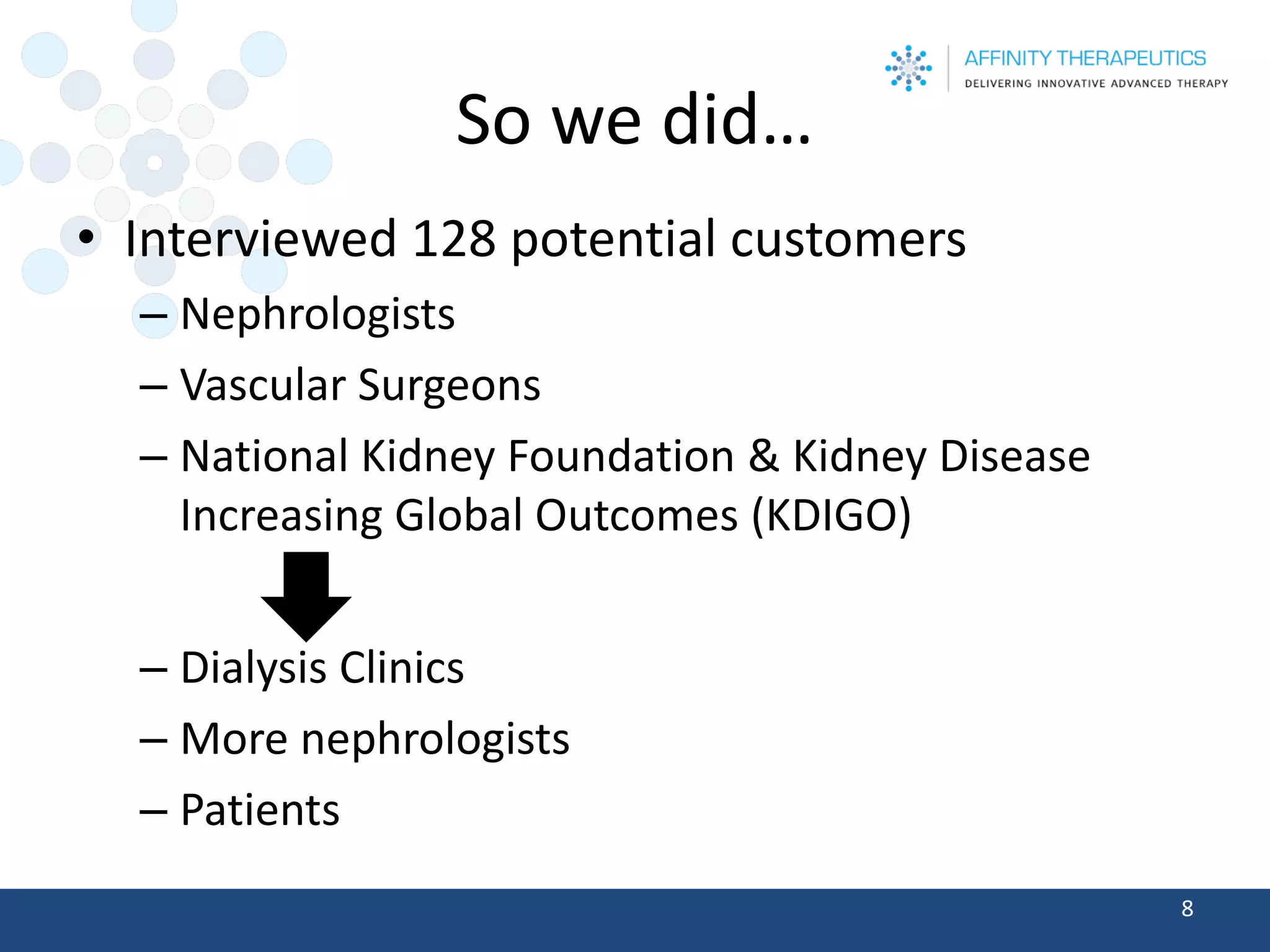 So we did… 
•Interviewed 128 potential customers 
–Nephrologists 
–Vascular Surgeons 
–National Kidney Foundation & Kidney Disease Increasing Global Outcomes (KDIGO) 
–Dialysis Clinics 
–More nephrologists 
–Patients 
8 
 