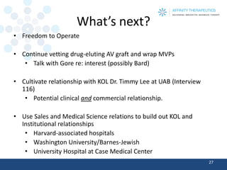 What’s next? 
•Freedom to Operate 
•Continue vetting drug-eluting AV graft and wrap MVPs 
•Talk with Gore re: interest (possibly Bard) 
•Cultivate relationship with KOL Dr. Timmy Lee at UAB (Interview 116) 
•Potential clinical andcommercial relationship. 
•Use Sales and Medical Science relations to build out KOL and Institutional relationships 
•Harvard-associated hospitals 
•Washington University/Barnes-Jewish 
•University Hospital at Case Medical Center 27 
 
