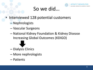 So we did… 
•Interviewed 128 potential customers 
–Nephrologists 
–Vascular Surgeons 
–National Kidney Foundation & Kidney Disease Increasing Global Outcomes (KDIGO) 
–Dialysis Clinics 
–More nephrologists 
–Patients 
8 
 