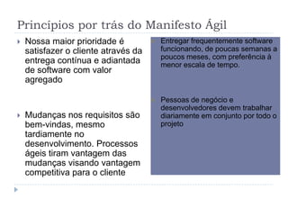 Princípios por trás do Manifesto Ágil
 Nossa maior prioridade é
satisfazer o cliente através da
entrega contínua e adiantada
de software com valor
agregado
 Mudanças nos requisitos são
bem-vindas, mesmo
tardiamente no
desenvolvimento. Processos
ágeis tiram vantagem das
mudanças visando vantagem
competitiva para o cliente
 Entregar frequentemente software
funcionando, de poucas semanas a
poucos meses, com preferência à
menor escala de tempo.
 Pessoas de negócio e
desenvolvedores devem trabalhar
diariamente em conjunto por todo o
projeto
 
