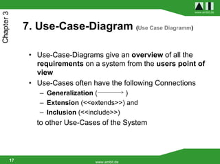 www.ambit.de
Chapter 3


             7. Use-Case-Diagram (Use Case Diagramm)

              • Use-Case-Diagrams give an overview of all the
                requirements on a system from the users point of
                view
              • Use-Cases often have the following Connections
                 – Generalization (        )
                 – Extension (<<extends>>) and
                 – Inclusion (<<include>>)
                to other Use-Cases of the System




        17                       www.ambit.de
 