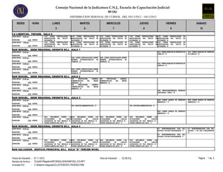 Consejo Nacional de la Judicatura C.N.J., Escuela de Capacitación Judicial
                                                                                                                SIF-CNJ
                                                                DISTRIBUCION SEMANAL DE CURSOS , DEL 05/11/2012 - 10/11/2012

     SEDES             HORA              LUNES                              MARTES                             MIERCOLES                               JUEVES                          VIERNES                            SABADO
                                              5                                   6                                   7                                     8                               9                                 10
LA LIBERTAD, FEPADE, SALA 5
HORA INICIO: 8:00 am            1125 CURSO ESPECIALIZADO        DE
                                                                 1125 CURSO ESPECIALIZADO DE           1125 CURSO ESPECIALIZADO DE         1125 CURSO ESPECIALIZADO          DE1125 CURSO ESPECIALIZADO    DE
                                INVESTIGACIÓN DEL DELITO        DE
                                                                 INVESTIGACIÓN DEL DELITO DE           INVESTIGACIÓN DEL DELITO DE         INVESTIGACIÓN DEL DELITO          DEINVESTIGACIÓN DEL DELITO    DE
DURACION:          4.00 HORAS   EXTORSIÓN 'A'                    EXTORSIÓN 'A'                         EXTORSIÓN 'A'                       EXTORSIÓN 'A'                       EXTORSIÓN 'A'
HORA INICIO: 1:00 pm            1125 CURSO ESPECIALIZADO        DE
                                                                 1125 CURSO ESPECIALIZADO DE           1125 CURSO ESPECIALIZADO DE         1125 CURSO ESPECIALIZADO          DE1125 CURSO ESPECIALIZADO    DE
                                INVESTIGACIÓN DEL DELITO        DE
                                                                 INVESTIGACIÓN DEL DELITO DE           INVESTIGACIÓN DEL DELITO DE         INVESTIGACIÓN DEL DELITO          DEINVESTIGACIÓN DEL DELITO    DE
DURACION:         3.00 HORAS    EXTORSIÓN 'A'                    EXTORSIÓN 'A'                         EXTORSIÓN 'A'                       EXTORSIÓN 'A'                       EXTORSIÓN 'A'

SAN MIGUEL, SEDE REGIONAL ORIENTE ECJ, AULA 1
HORA INICIO: 8:30 am                                                                                                                                                          1612 TEMAS BÁSICOS DE DERECHO DE   1612 TEMAS BÁSICOS DE DERECHO
                                                                                                                                                                              FAMILIA II 'A'                     DE FAMILIA II 'A'
DURACION:          4.00 HORAS
HORA INICIO: 8:30 am                                              2038 CURSO ESPECIALIZADO SOBRE       2038 CURSO ESPECIALIZADO SOBRE
                                                                  NORMAS    INTERNACIONALES   DE       NORMAS    INTERNACIONALES   DE
DURACION:          4.00 HORAS                                     TRABAJO 'G'                          TRABAJO 'G'
HORA INICIO: 2:00 pm                                                                                                                                                          1612 TEMAS BÁSICOS DE DERECHO DE
                                                                                                                                                                              FAMILIA II 'A'
DURACION:          4.00 HORAS
HORA INICIO: 2:00 pm                                              2038 CURSO ESPECIALIZADO SOBRE
                                                                  NORMAS    INTERNACIONALES   DE
DURACION:         4.00 HORAS                                      TRABAJO 'G'

SAN MIGUEL, SEDE REGIONAL ORIENTE ECJ, AULA 2
HORA INICIO: 8:30 am                                              729     PROTECCIÓN       JURÍDICA    729     PROTECCIÓN    JURÍDICA
                                                                  ADMINISTRATIVA    DEL      MEDIO     ADMINISTRATIVA    DEL   MEDIO
DURACION:          4.00 HORAS                                     AMBIENTE 'K'                         AMBIENTE 'K'
HORA INICIO: 2:00 pm                                              729     PROTECCIÓN       JURÍDICA
                                                                  ADMINISTRATIVA    DEL      MEDIO
DURACION:          4.00 HORAS                                     AMBIENTE 'K'
HORA INICIO: 3:00 pm                                                                                                                                                          1424 VIDEOCONFERENCIA: DERECHO
                                                                                                                                                                              CONCURSAL: TEMA 2 'B'
DURACION:         2.00 HORAS
SAN MIGUEL, SEDE REGIONAL ORIENTE ECJ, AULA 3
HORA INICIO: 8:30 am                                                                                                                                                          2039 CURSO BÁSICO DE DERECHO       2039 CURSO BÁSICO DE DERECHO
                                                                                                                                                                              AMBIENTAL I 'E'                    AMBIENTAL I 'E'
DURACION:          4.00 HORAS
HORA INICIO: 9:00 am                                              7941 GESTIÓN ADMINISTRATIVA 'C'                                          7941 GESTIÓN ADMINISTRATIVA 'C'

DURACION:          4.00 HORAS
HORA INICIO: 2:00 pm                                                                                                                                                          2039 CURSO BÁSICO DE DERECHO
                                                                                                                                                                              AMBIENTAL I 'E'
DURACION:          4.00 HORAS
HORA INICIO: 5:00 pm            3010    DIPLOMADO     SOBRE     LAS
                                                                  3010   DIPLOMADO SOBRE LAS           3010   DIPLOMADO SOBRE LAS          3010    DIPLOMADO     SOBRE     LAS
                                ACTUACIONES        DE       LOS/LAS
                                                                  ACTUACIONES       DE       LOS/LAS   ACTUACIONES       DE      LOS/LAS   ACTUACIONES        DE       LOS/LAS
DURACION:         3.00 HORAS    JUECES/ZAS DE PAZ: MODULO III -   JUECES/ZAS DE PAZ: MODULO III -      JUECES/ZAS DE PAZ: MODULO III -     JUECES/ZAS DE PAZ: MODULO III -
                                TEORÍA JURÍDICA DEL DELIT 'J'     TEORÍA JURÍDICA DEL DELIT 'J'        TEORÍA JURÍDICA DEL DELIT 'J'       TEORÍA JURÍDICA DEL DELIT 'J'

SAN MIGUEL, SEDE REGIONAL ORIENTE ECJ, AULA 4
HORA INICIO: 8:30 am                                                                                                                                                          671 RESPONSABILIDAD CIVIL DEL      671 RESPONSABILIDAD CIVIL DEL
                                                                                                                                                                              ESTADO Y DE SUS FUNCIONARIOS 'F'   ESTADO Y DE SUS FUNCIONARIOS
DURACION:          4.00 HORAS                                                                                                                                                                                    'F'
HORA INICIO: 2:00 pm                                                                                                                                                          671 RESPONSABILIDAD CIVIL DEL
                                                                                                                                                                              ESTADO Y DE SUS FUNCIONARIOS 'F'
DURACION:          4.00 HORAS
HORA INICIO: 5:00 pm            3010    DIPLOMADO     SOBRE    LAS
                                                                 3010   DIPLOMADO SOBRE LAS            3010   DIPLOMADO SOBRE LAS          3010    DIPLOMADO     SOBRE     LAS
                                ACTUACIONES        DE      LOS/LAS
                                                                 ACTUACIONES       DE       LOS/LAS    ACTUACIONES       DE      LOS/LAS   ACTUACIONES        DE       LOS/LAS
DURACION:         3.00 HORAS    JUECES/ZAS DE PAZ: MODULO III -  JUECES/ZAS DE PAZ: MODULO III -       JUECES/ZAS DE PAZ: MODULO III -     JUECES/ZAS DE PAZ: MODULO III -
                                TEORÍA JURÍDICA DEL DELIT 'K'    TEORÍA JURÍDICA DEL DELIT 'K'         TEORÍA JURÍDICA DEL DELIT 'K'       TEORÍA JURÍDICA DEL DELIT 'K'

SAN SALVADOR, EDIFICIO PRINCIPAL ECJ, AULA "A" TERCER NIVEL


Fecha de Impresión : 01-11-2012                                                                        Hora de Impresión : 02:38:31p.m.                                                                                     Página : 1 de 3
Nombre de Archivo : Cnjnt01RegistroINFOENGLISH03INFO03_015.RPT
Invocado Por       : C:Sistema IntegradoCLUSTER03FILTRO0320.FRM
 