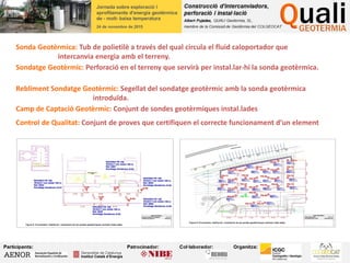 Camp de Captació Geotèrmic: Conjunt de sondes geotèrmiques instal.lades
Sondatge Geotèrmic: Perforació en el terreny que servirà per instal.lar-hi la sonda geotèrmica.
Sonda Geotèrmica: Tub de polietilè a través del qual circula el fluid caloportador que
intercanvia energia amb el terreny.
Rebliment Sondatge Geotèrmic: Segellat del sondatge geotèrmic amb la sonda geotèrmica
introduïda.
Control de Qualitat: Conjunt de proves que certifiquen el correcte funcionament d’un element
 