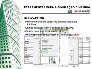 FERRAMENTAS PARA A SIMULAÇÃO DINÂMICA
                                         HAP (CARRIER)


HAP (CARRIER)
- Preenchimento de dados de entrada bastante
   intuitivo
- Compatibilidade com a codificação gbXML
- Custos computacionais reduzidos
- Relatórios energéticos bem estruturados
 