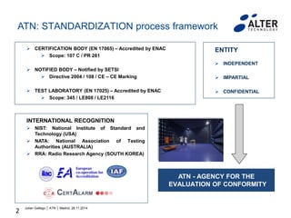 2
ATN: STANDARDIZATION process framework
 CERTIFICATION BODY (EN 17065) – Accredited by ENAC
 Scope: 107 C / PR 261
 NOTIFIED BODY – Notified by SETSI
 Directive 2004 / 108 / CE – CE Marking
 TEST LABORATORY (EN 17025) – Accredited by ENAC
 Scope: 345 / LE808 / LE2116
INTERNATIONAL RECOGNITION
 NIST: National Institute of Standard and
Technology (USA)
 NATA: National Association of Testing
Authorities (AUSTRALIA)
 RRA: Radio Research Agency (SOUTH KOREA)
ENTITY
 INDEPENDENT
 IMPARTIAL
 CONFIDENTIAL
ATN - AGENCY FOR THE
EVALUATION OF CONFORMITY
Julian Gallego │ ATN │ Madrid, 28.11.2014
 