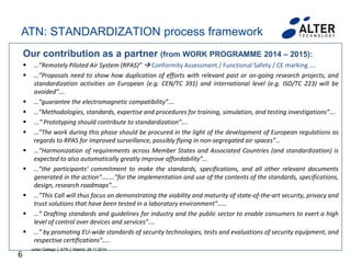 6
Our contribution as a partner (from WORK PROGRAMME 2014 – 2015):
 …”Remotely Piloted Air System (RPAS)”  Conformity Assessment / Functional Safety / CE marking ….
 …”Proposals need to show how duplication of efforts with relevant past or on-going research projects, and
standardization activities on European (e.g. CEN/TC 391) and international level (e.g. ISO/TC 223) will be
avoided”….
 …“guarantee the electromagnetic compatibility”….
 …”Methodologies, standards, expertise and procedures for training, simulation, and testing investigations”….
 ...” Prototyping should contribute to standardization”….
 …”The work during this phase should be procured in the light of the development of European regulations as
regards to RPAS for improved surveillance, possibly flying in non-segregated air spaces”…
 …”Harmonization of requirements across Member States and Associated Countries (and standardization) is
expected to also automatically greatly improve affordability”…
 …”the participants' commitment to make the standards, specifications, and all other relevant documents
generated in the action”…..…”for the implementation and use of the contents of the standards, specifications,
design, research roadmaps”….
 …”This Call will thus focus on demonstrating the viability and maturity of state-of-the-art security, privacy and
trust solutions that have been tested in a laboratory environment”……
 …” Drafting standards and guidelines for industry and the public sector to enable consumers to exert a high
level of control over devices and services”….
 …” by promoting EU-wide standards of security technologies, tests and evaluations of security equipment, and
respective certifications”…..
Julian Gallego │ ATN │ Madrid, 28.11.2014
ATN: STANDARDIZATION process framework
 
