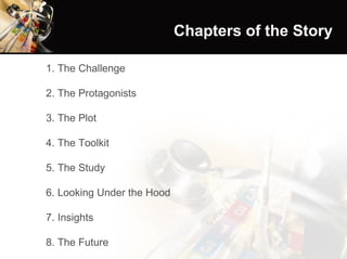 Chapters of the Story 1. The Challenge 2. The Protagonists 3. The Plot 4. The Toolkit 5. The Study 6. Looking Under the Hood 7. Insights 8. The Future 