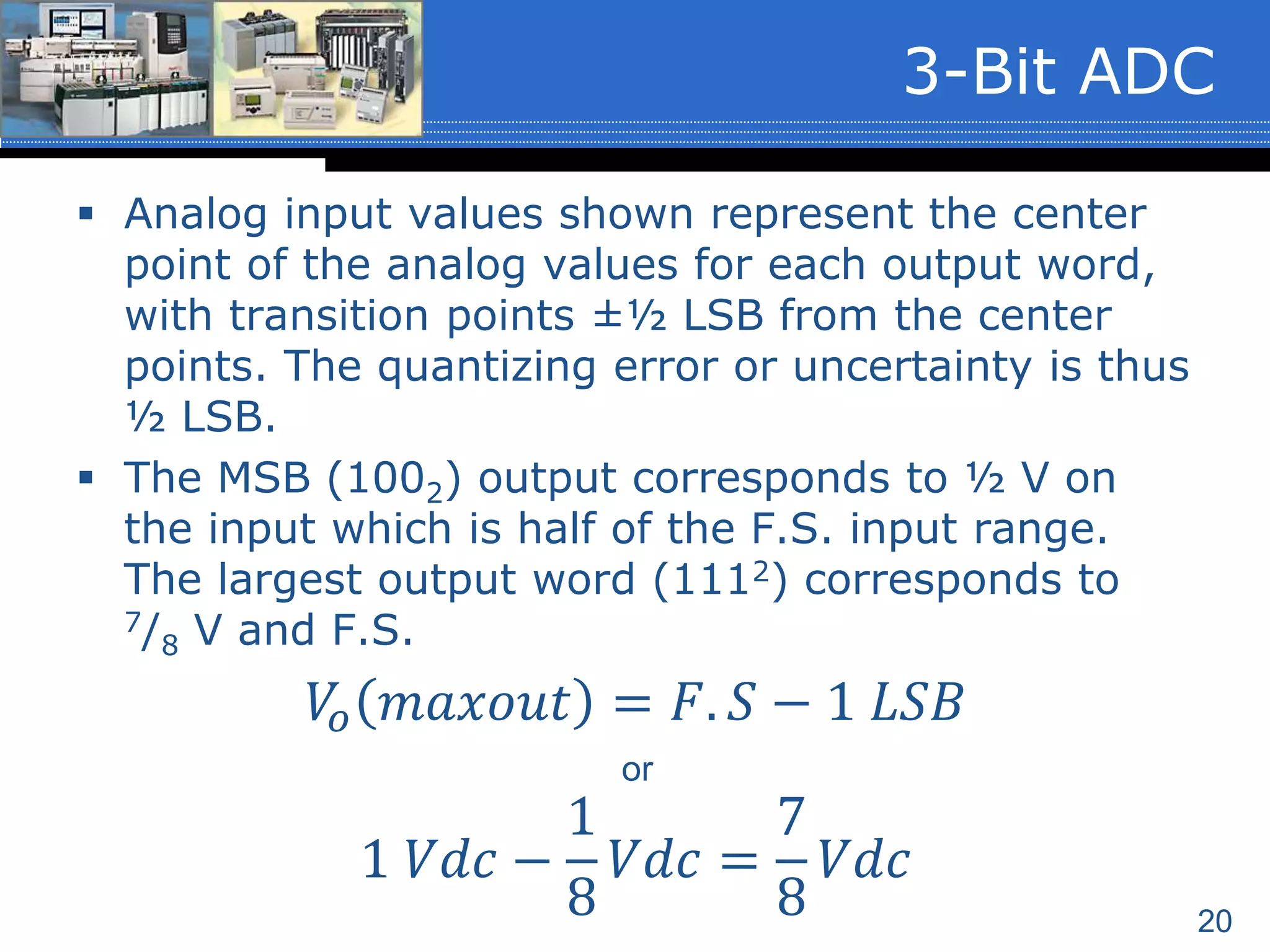 20
 Analog input values shown represent the center
point of the analog values for each output word,
with transition points ±½ LSB from the center
points. The quantizing error or uncertainty is thus
½ LSB.
 The MSB (1002) output corresponds to ½ V on
the input which is half of the F.S. input range.
The largest output word (1112) corresponds to
7/8 V and F.S.
3-Bit ADC
𝑉𝑜 𝑚𝑎𝑥𝑜𝑢𝑡 = 𝐹. 𝑆 − 1 𝐿𝑆𝐵
or
1 𝑉𝑑𝑐 −
1
8
𝑉𝑑𝑐 =
7
8
𝑉𝑑𝑐
 