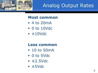9
Most common
 4 to 20mA
 0 to 10Vdc
 ±10Vdc
Less common
 10 to 50mA
 0 to 5Vdc
 ±2.5Vdc
 ±5Vdc
Analog Output Rates
 