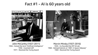 John McCarthy (1927-2011)
1956 - Coined the term “Artificial Intelligence”
1958 - Invented LISP
1971 - Received the Turing Award
Fact #1 - AI is 60 years old
Marvin Minsky (1927-2016)
1959 - Co-founded the MIT AI Lab
1968 - Advised Kubrick on “2001: A Space Odyssey”
1969 - Received the Turing Award
 