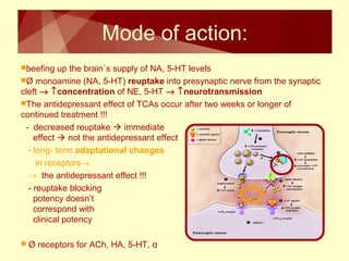 Mode of action: 
beefing up the brain`s supply of NA, 5-HT levels 
Ø monoamine (NA, 5-HT) reuptake into presynaptic nerve from the synaptic 
cleft ® ­concentration of NE, 5-HT ® ­neurotransmission 
The antidepressant effect of TCAs occur after two weeks or longer of 
continued treatment !!! 
- decreased reuptake  immediate 
effect  not the antidepressant effect 
- long- term adaptational changes 
in receptors® 
® the antidepressant effect !!! 
- reuptake blocking 
potency doesn’t 
correspond with 
clinical potency 
 Ø receptors for ACh, HA, 5-HT, α 
 