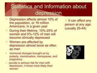 Statistics and Information about 
depression 
 Depression affects almost 10% of 
the population, or 19 million 
Americans, in a given year 
 During their lifetime, 10%-25% of 
women and 5%-12% of men will 
become clinically depressed 
 Women are affected by 
depression almost twice as often 
as men 
- hormonal changes brought on by 
puberty, menstruation, menopause, and 
pregnancy. 
- suicide is serious risk for men with 
depression, 4 times more likely than 
women 
 It can affect any 
person at any age 
(usually 25-44) 
 