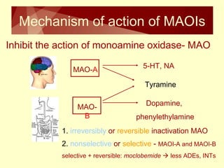 Mechanism of action of MAOIs 
Inhibit the action of monoamine oxidase- MAO 
MAO-A 
MAO-B 
5-HT, NA 
Tyramine 
Dopamine, 
phenylethylamine 
1. irreversibly or reversible inactivation MAO 
2. nonselective or selective - MAOI-A and MAOI-B 
selective + reversible: moclobemide  less ADEs, INTs 
 