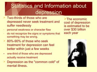 Statistics and Information about 
depression 
 Two-thirds of those who are 
depressed never seek treatment and 
suffer needlessly 
- personal weakness or character flaw 
- do not recognize the signs or symptoms that 
something may be wrong. 
 80%-90% of those who seek 
treatment for depression can feel 
better within just a few weeks 
- one-third of those who are depressed 
actually receive treatment 
 Depression as the "common cold" of 
mental illness. 
The economic 
cost of depression 
is estimated to be 
over $30 billion 
each year 
 