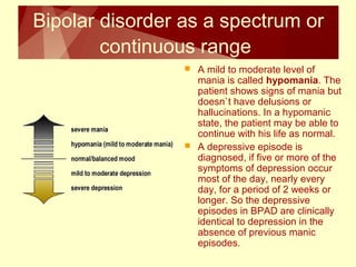 Bipolar disorder as a spectrum or 
continuous range 
 A mild to moderate level of 
mania is called hypomania. The 
patient shows signs of mania but 
doesn`t have delusions or 
hallucinations. In a hypomanic 
state, the patient may be able to 
continue with his life as normal. 
 A depressive episode is 
diagnosed, if five or more of the 
symptoms of depression occur 
most of the day, nearly every 
day, for a period of 2 weeks or 
longer. So the depressive 
episodes in BPAD are clinically 
identical to depression in the 
absence of previous manic 
episodes. 
 