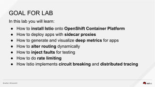 GOAL FOR LAB
In this lab you will learn:
● How to install Istio onto OpenShift Container Platform
● How to deploy apps with sidecar proxies
● How to generate and visualize deep metrics for apps
● How to alter routing dynamically
● How to inject faults for testing
● How to do rate limiting
● How Istio implements circuit breaking and distributed tracing
 