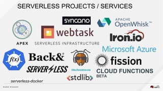 SERVERLESS PROJECTS / SERVICES
28
http://funcatron.org
CLOUD FUNCTIONS
BETA
serverless-docker
 