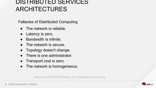 INSERT DESIGNATOR, IF NEEDED4
DISTRIBUTED SERVICES
ARCHITECTURES
Fallacies of Distributed Computing
● The network is reliable.
● Latency is zero.
● Bandwidth is infinite.
● The network is secure.
● Topology doesn't change.
● There is one administrator.
● Transport cost is zero.
● The network is homogeneous.
wikipedia.org/wiki/Fallacies_of_distributed_computing
 
