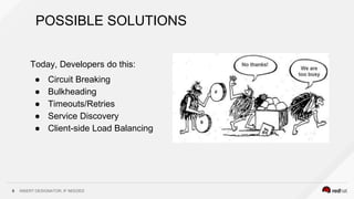 INSERT DESIGNATOR, IF NEEDED6
POSSIBLE SOLUTIONS
Today, Developers do this:
● Circuit Breaking
● Bulkheading
● Timeouts/Retries
● Service Discovery
● Client-side Load Balancing
 