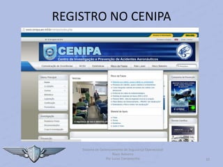 10
REGISTRO NO CENIPA
Sistema de Gerenciamento de Segurança Operacional
Risco Baloeiro
Por Lucas Carramenha
 