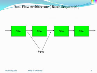 Architectural Design
          Data-Flow Architecture ( Batch Sequential )




             Filter             Filter      Filter   Filter




                                 Pipes




13 January 2012       Mady by Utpal Ray                       5
 