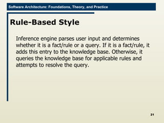 Rule-Based Style Inference engine parses user input and determines whether it is a fact/rule or a query. If it is a fact/rule, it adds this entry to the knowledge base. Otherwise, it queries the knowledge base for applicable rules and attempts to resolve the query. 
