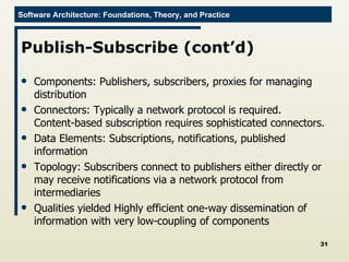 Publish-Subscribe (cont’d) Components: Publishers, subscribers, proxies for managing distribution Connectors: Typically a network protocol is required.  Content-based subscription requires sophisticated connectors. Data Elements: Subscriptions, notifications, published information  Topology: Subscribers connect to publishers either directly or may receive notifications via a network protocol from intermediaries Qualities yielded Highly efficient one-way dissemination of information with very low-coupling of components 