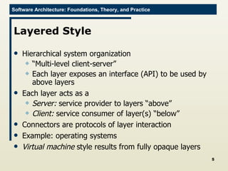 Layered Style Hierarchical system organization “ Multi-level client-server” Each layer exposes an interface (API) to be used by above layers Each layer acts as a Server:  service provider to layers “above” Client:  service consumer of layer(s) “below” Connectors are protocols of layer interaction Example: operating systems Virtual machine  style results from fully opaque layers 