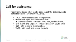 5/12/2021 10
© 2021, Engagement and Performance Operations Center (EPOC)
Call for assistance:
• Team forms to see what can be done to get the data moving to
safe stable state ( we are in FULL DR ) .
• EPOC - Architect solutions to implement
• Globus - let's get the data on the wire
• Anyone want to saturate a link ( Also, redline a NAS )
• UPR (RUM) and Engine-4 - Provide transport 10GbE link!
• UCF - let’s facilitate the migrations
• TACC - let’s catch and secure the data
 