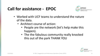 5/12/2021 11
© 2021, Engagement and Performance Operations Center (EPOC)
Call for assistance - EPOC
• Worked with UCF teams to understand the nature
of the data.
• Architect course of action:
• People are the network (let’s help make this
happen).
• The the fabulous community really knocked
this out of the park THANK YOU
 