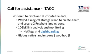 5/12/2021 13
© 2021, Engagement and Performance Operations Center (EPOC)
Call for assistance - TACC
•Offered to catch and distribute the data
• Waved a magical storage wand to create a safe
and secure 2 Petabyte landing zone.
• 10GbE link analysis and monitoring
• NetSage and dashboarding
• Globus native landing zone ( woo hoo )!
 