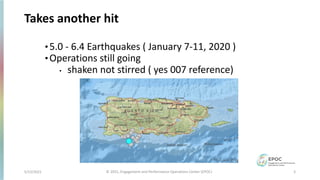 Takes another hit
5/12/2021 5
© 2021, Engagement and Performance Operations Center (EPOC)
•5.0 - 6.4 Earthquakes ( January 7-11, 2020 )
•Operations still going
• shaken not stirred ( yes 007 reference)
 