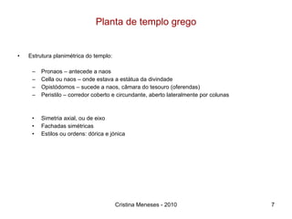 Planta de templo grego Estrutura planimétrica do templo: Pronaos – antecede a naos Cella ou naos – onde estava a estátua da divindade Opistódomos – sucede a naos, câmara do tesouro (oferendas) Peristilo – corredor coberto e circundante, aberto lateralmente por colunas Simetria axial, ou de eixo Fachadas simétricas Estilos ou ordens: dórica e jónica Cristina Meneses - 2010 