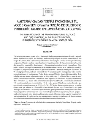 PDF) Uma abordagem sociolingüística do uso das formas você, ocê e cê no  português