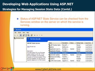 Developing Web Applications Using ASP.NET
Strategies for Managing Session State Data (Contd.)
Status of ASP.NET State Service can be checked from the
Services window on the server on which the service is
running.
 