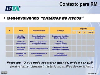 Contexto para RM


 Desenvolvendo “critérios de riscos”

                                                                                 Impacto
  #       Ativo          Vulnerabilidade                Ameaça
                                                                         P   I      E      TOTAL

        Servidor         Sem atualização          Invasão do Servidor,
        WEB DMZ            de patches               Buffer Overflow

         HUB rede     Mal uso equipamento,             Sniffing,
       almoxarifado     indisponibilidade           Furto de dados

        Senhas de                                 Invasão do sistema,
                      Senhas compartilhadas
         usuários                                 Sequestro de sessão

       Roteador de     IOS desatualizado e              Invasão,
          borda             com bug                indisponibilidade



 Processo - O que pode acontecer, quando, onde e por quê!
   (brainstorms, checklist, históricos, análise de cenários...)

                                             22                                            CON – A5
 