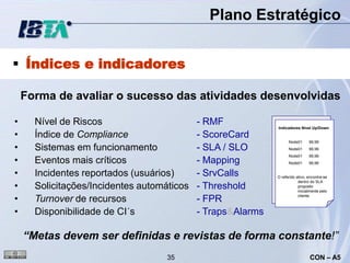 Plano Estratégico


 Índices e indicadores

    Forma de avaliar o sucesso das atividades desenvolvidas

•     Nível de Riscos                       - RMF            Indicadores Nivel Up/Down

•     Índice de Compliance                  - ScoreCard
                                                                   Node01      99,99
•     Sistemas em funcionamento             - SLA / SLO            Node01      99,99


•
                                                                   Node01      99,99
      Eventos mais críticos                 - Mapping              Node01      99,99


•     Incidentes reportados (usuários)      - SrvCalls       O referido ativo, encontra-se

•
                                                                         dentro do SLA
      Solicitações/Incidentes automáticos   - Threshold                  proposto
                                                                         inicialmente pelo

•     Turnover de recursos                  - FPR                        cliente.



•     Disponibilidade de CI´s               - Traps&Alarms

    “Metas devem ser definidas e revistas de forma constante!”
                                    35                                         CON – A5
 