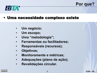 Por que?


 Uma necessidade complexo existe

     •   Um negócio;
     •   Um escopo;
     •   Uma “metodologia”;
     •   Ferramentas ou facilitadores;
     •   Responsáveis (recursos);
     •   Objetivos;
     •   Monitoramente e métricas;
     •   Adequações (plano de ação);
     •   Revalidações circular.

                        5                    CON – A5
 