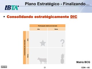 Plano Estratégico - Finalizando…


 Consolidando estratégicamente DIC




                                   Matriz BCG
                   51                 CON – A5
 