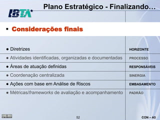 Plano Estratégico - Finalizando…


 Considerações finais


● Diretrizes                                             HORIZONTE

● Atividades identificadas, organizadas e documentadas   PROCESSO

● Áreas de atuação definidas                             RESPONSÁVEIS

● Coordenação centralizada                               SINERGIA

● Ações com base em Análise de Riscos                    EMBASAMENTO

● Métricas/frameworks de avaliação e acompanhamento      PADRÃO




                                52                             CON – A5
 