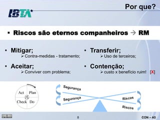 Por que?


 Riscos são eternos companheiros  RM

• Mitigar;                            • Transferir;
      Contra-medidas - tratamento;         Uso de terceiros;

• Aceitar;                            • Contenção;
      Conviver com problema;               custo x benefício ruim! [X]




                                 8                               CON – A5
 