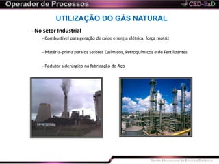 UTILIZAÇÃO DO GÁS NATURAL
- No setor Industrial
- Combustível para geração de calor, energia elétrica, força motriz
- Matéria-prima para os setores Químicos, Petroquímicos e de Fertilizantes
- Redutor siderúrgico na fabricação do Aço
 