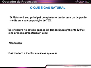 O QUE É GÁS NATURAL
O Metano é seu principal componente tendo uma participação
média em sua composição de 70%
Se encontra no estado gasoso na temperatura ambiente (20°C)
e na pressão atmosférica (1 atm)
Não tóxico
Gás inodoro e incolor mais leve que o ar
 